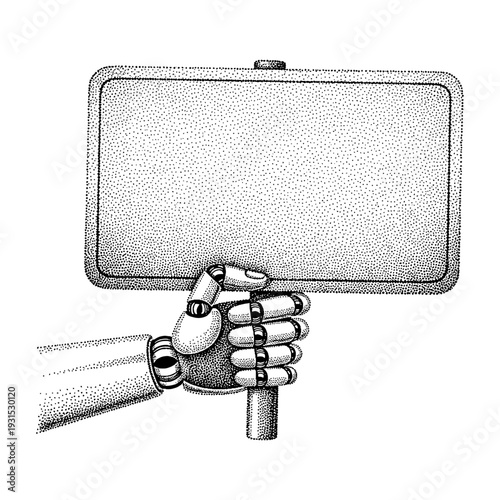 robot hand holding blank placard in retro halftone stippling style