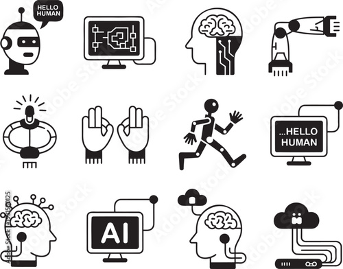 A set of black and white icons illustrating artificial intelligence, robotics, and human technology interaction