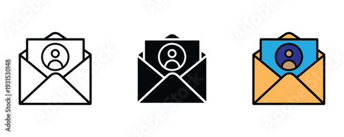 Open envelope with user profile card icon set. Personal mail symbol for contact registration, identity verification, and email communication design. Vector Illustration.