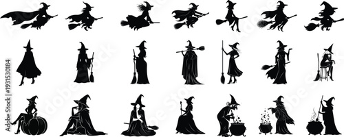 Collection of black silhouettes of witches in various poses