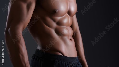 Male bodybuilder posing with defined muscles against dark background  