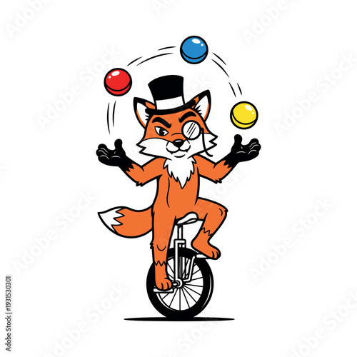 Cartoon Fox Juggling Balls on Unicycle.