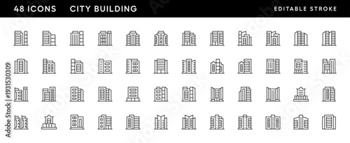 Icons. Modern city building icon collection. City building, skyscrapers, apartment building, residence, cityscape, skyline and more. Editable stroke. Pixel Perfect. Grid base 32 x 32.