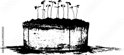 High contrast stencil style plant pot with drip effect and young seedlings