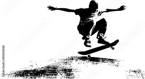 Urban skateboarding adventure: mid-air trick in high contrast stencil style