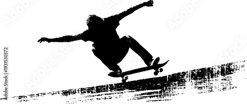 High contrast skateboarder silhouette in action - stencil style design for art and decor