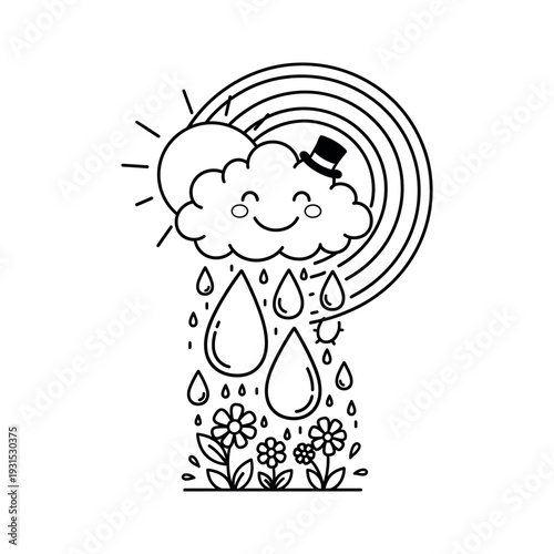 Smiling Cloud with Rainbow and Raindrops Illustration.
