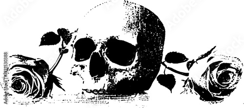 Skull with roses in high contrast stencil style - abstract grunge theme for design