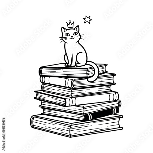 Cat Sitting on Stack of Books.