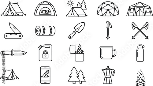 Camping and outdoor icons collection line art, tent gear stove mug knife map lighter water bottle camping equipment vector set
