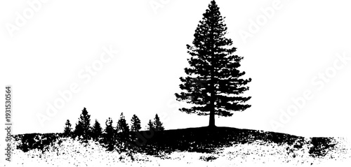 Winter forest scene with snow covered pine trees in stencil style for artistic design