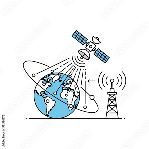 Satellite Communication System with Earth and Tower.