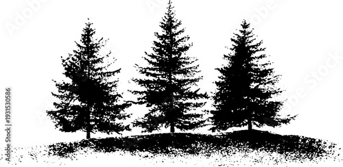 Winter pine tree silhouettes in high contrast stencil style for holiday design