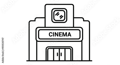 Simple line art illustration of a cinema building with a screen and marquee