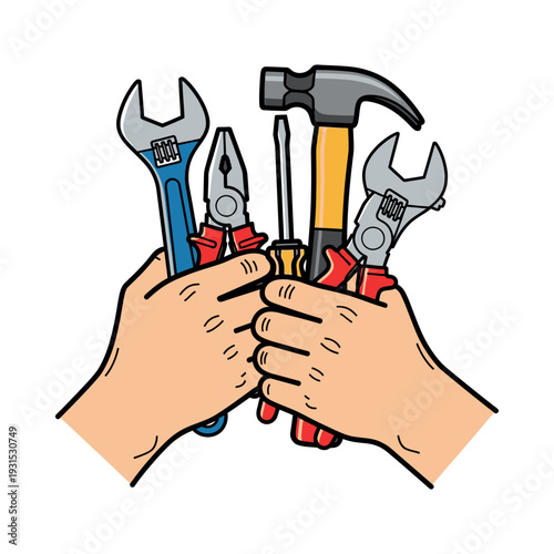 Hands Holding Various Tools and Equipment.