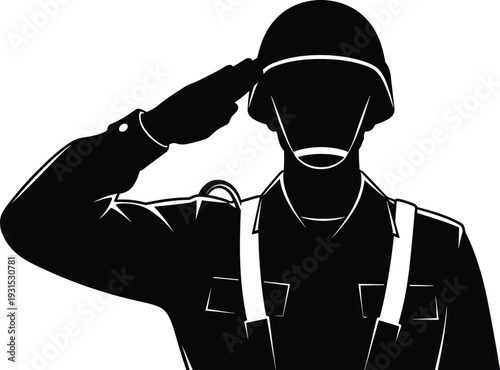 Black and white saluting soldier silhouette vector illustration isolated on white background for military branding, patriotic design, memorial projects, and security graphics