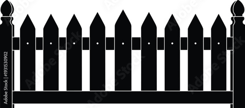 Black and white wooden picket fence silhouette vector illustration isolated on white background for garden design, property boundary, landscaping, and decorative graphics