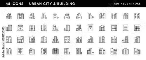 Urban city and building icon collection. City building, skyscrapers, apartment building, residence, cityscape, skyline and more. Editable stroke. Pixel Perfect. Grid base 32 x 32.