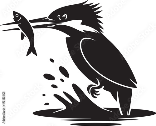 Striking Kingfisher Bird Catching Fish, Black and White Graphic Illustration