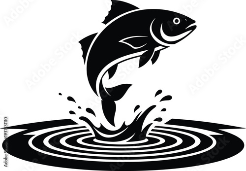 Jumping fish silhouette splashing water isolated on white background representing fishing, wildlife, freshwater sport, aquatic life, and dynamic nature logo design illustration
