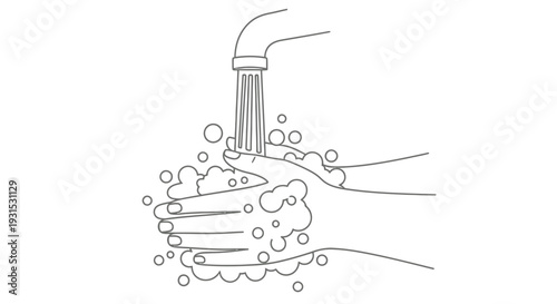 Simple line drawing of a hand washing under a faucet with bubbles