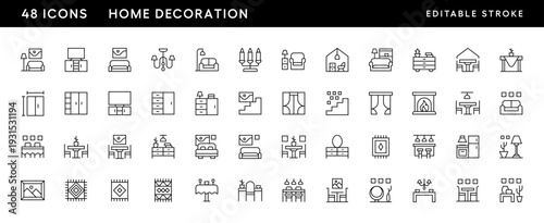 Icons. Home decoration icon collection. Interior, room design, decor, modern home, furniture and more. Editable stroke. Pixel Perfect. Grid base 32 x 32.