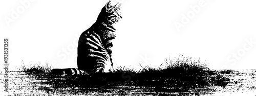 High contrast abstract stencil of street cat sitting in grass silhouette