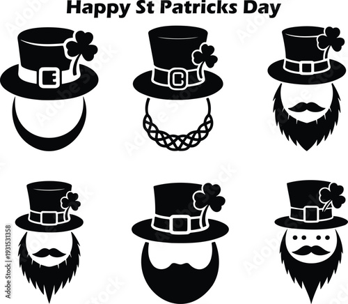 Six black silhouettes of St Patricks Day top hats with shamrocks and various beard styles