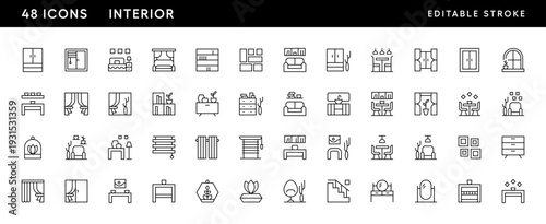 Interior icon collection. Home decoration, mirror, cupboard, chandelier, curtain, furniture and more. Editable stroke. Pixel Perfect. Grid base 32 x 32.