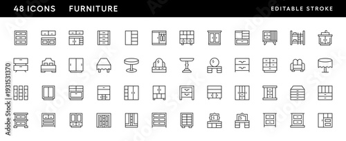Icons. Furniture outline icon collection. Interior icon set. cupboard, desk, chair, sofa, cabinet and more. Editable stroke. Editable stroke. Pixel Perfect. Grid base 32 x 32.