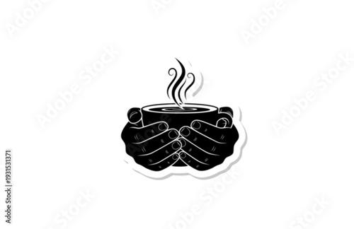 Minimalist Hands Holding Steaming Coffee Mug Silhouette, Cozy Hygge Lifestyle Vector Sticker, Mindfulness and Calm Icon