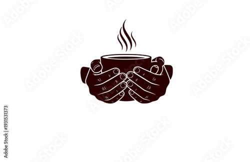 Minimalist Hands Holding Steaming Coffee Mug Silhouette, Cozy Hygge Lifestyle Vector Sticker, Mindfulness and Calm Icon