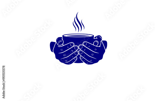 Minimalist Hands Holding Steaming Coffee Mug Silhouette, Cozy Hygge Lifestyle Vector Sticker, Mindfulness and Calm Icon