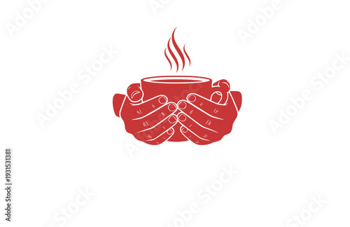 Minimalist Hands Holding Steaming Coffee Mug Silhouette, Cozy Hygge Lifestyle Vector Sticker, Mindfulness and Calm Icon