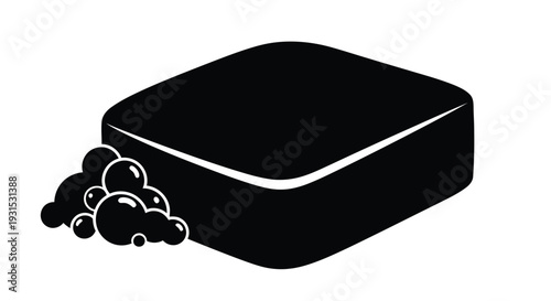 Black silhouette of a soap bar with bubbles on a white background