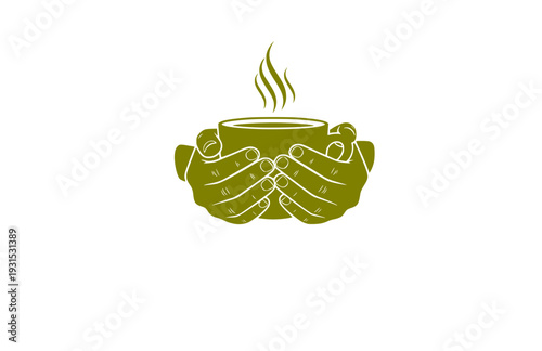 Minimalist Hands Holding Steaming Coffee Mug Silhouette, Cozy Hygge Lifestyle Vector Sticker, Mindfulness and Calm Icon