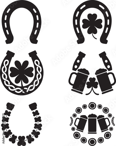 Traditional lucky Irish horseshoes are presented with shamrocks and celebratory beer mugs for St Patricks Day