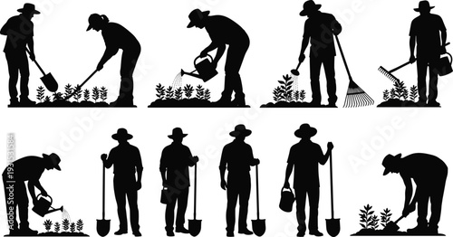 Gardener silhouette set with watering, digging and raking poses isolated on white background farming and landscaping vector collection