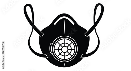 Black and white illustration of a respirator mask with filtration system
