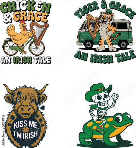 Whimsical cartoon animals and a skeleton depict various humorous Irish themed stories