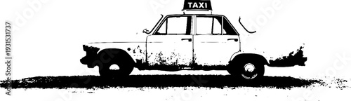 Vintage taxi cab with roof sign in high contrast stencil style engraving
