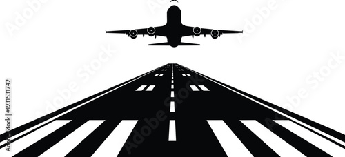 Airplane taking off from runway silhouette, commercial jet aircraft departure perspective isolated on white background travel concept