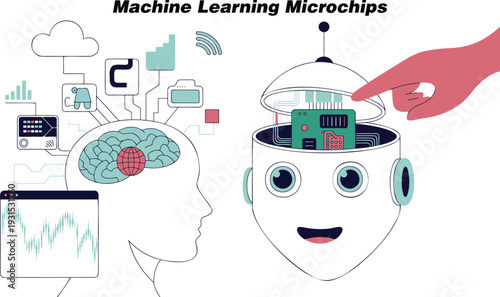 A human hand installs a machine learning microchip into a cheerful robot head in this bright illustration