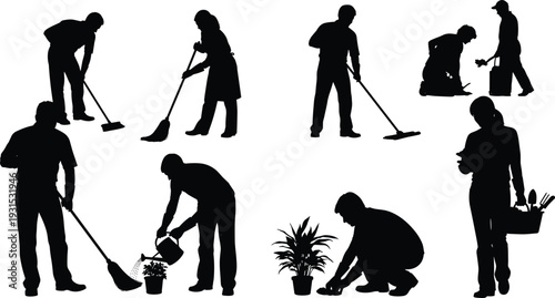Cleaning and gardening worker silhouettes sweeping, mopping, watering plants and household maintenance isolated on white background