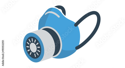 Stylized blue respirator mask icon with a circular filter and head straps