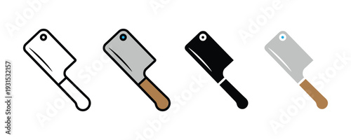 Meat cleaver and butcher knife icon set. Kitchen tool symbol for meat cutting, culinary chef equipment, and gastronomy restaurant design. Vector Illustration.