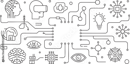 A detailed line drawing illustrates the complex connections within artificial intelligence and machine learning systems