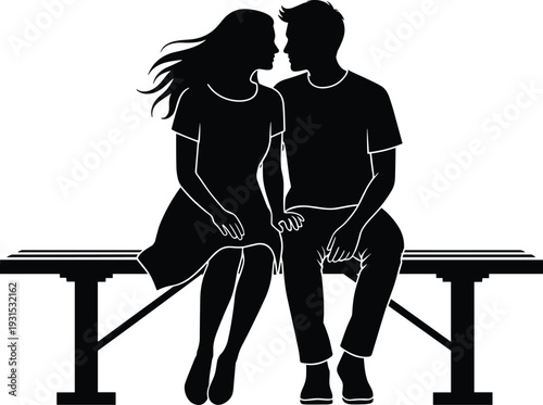 Romantic couple silhouette sitting closely on park bench isolated on white background, symbolizing love, relationship, dating, intimacy, and emotional connection