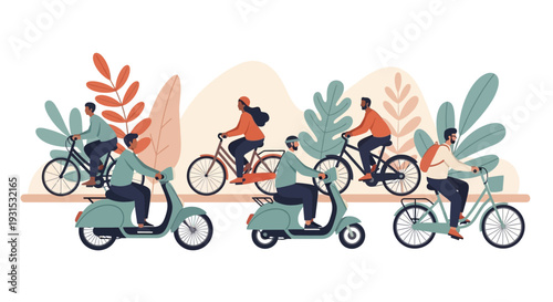 Cyclists and Scooter Riders Illustration.