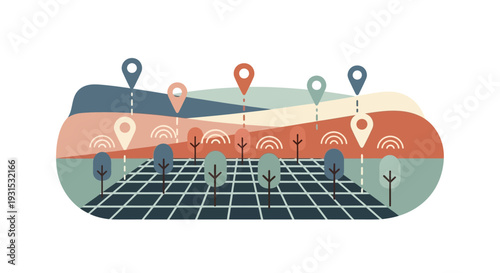 Digital Map with Location Pins and People.